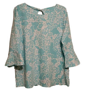 Kim Rogers Aqua and White Floral Bell-Sleeve Tunic